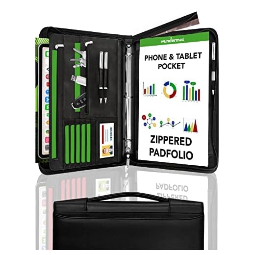 Wundermax Portfolio Padfolio 3 Three Ring Binder Document Organizer Vegan Leather Folder with Handle Legal Size Writing Pad Zipper 10.1 Inch Ipad Case Designer Business Planner for Men Women Black