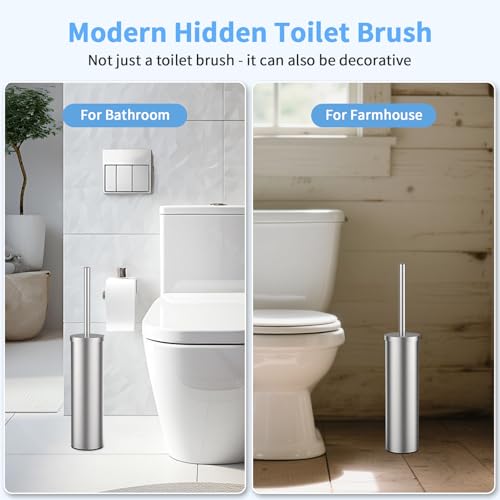 Image of Stainless Steel Toilet Brush and Holder Set Brushed Silver Heavy Duty Toilet Bowl Brush with Long Handle for Bathroom and Farmhouse (Silver)