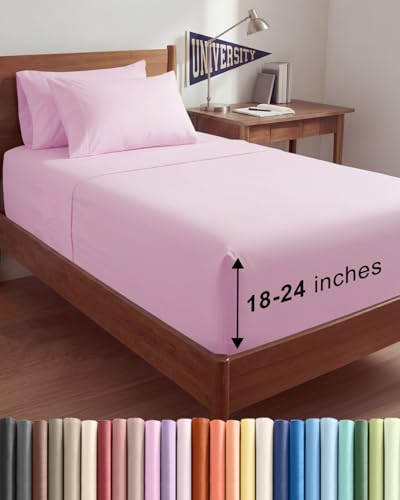 Image of Extra Deep Twin XL Sheet Set - 4 Piece Breathable & Cooling - Light Pink | Hotel Luxury Bed Sheets Set, Easy & Secure Fit, Ultra-Soft, Wrinkle & Fade Free, Comfy Sheets Set with Extra Deep Pockets