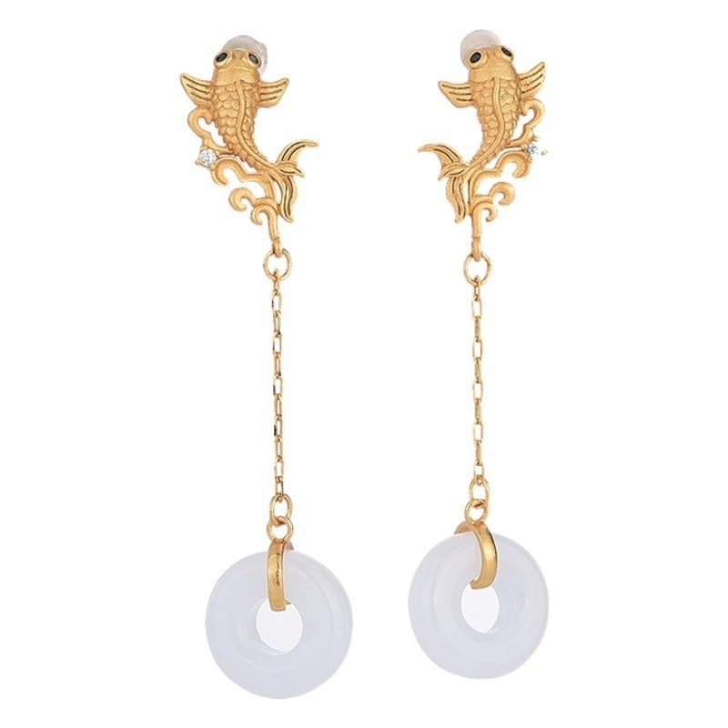 Boucles d'oreilles faux jade blanc poisson bijou goutte léger anti-douleur