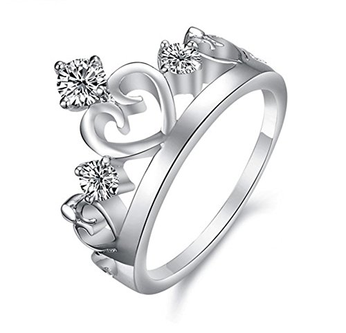 Women's 18K White Gold plated Silver AAA Cubic Zirconia Princess Heart Crown Tiara Band Rings
