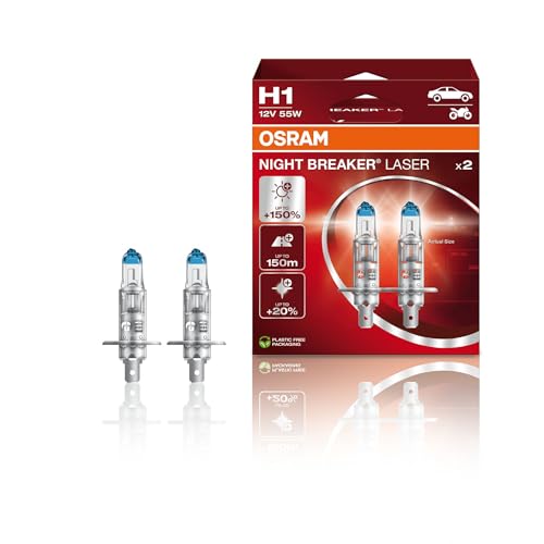 OSRAM NIGHT BREAKER LASER H1, +150% más de luz, lámpara halógena para faros, 64150NL-HCB, coche de 12 V, caja dúo (2 lámparas)