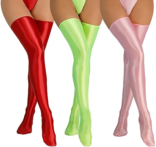 Glossy Shaping Stockings Womens Meatllic Shimmery Stockings Opaque Pantyhose Flash Shiny Dnace Socks Shiny Satin Non-Slip Stockings Party Club 3 Pack