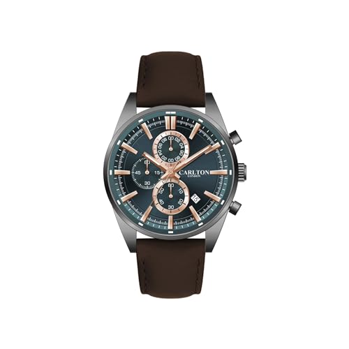 Image of Carlton London Windsor Men Analog Watch, Round Dial, Leather Strap, Quartz Movement, 43 mm Case, Slim Design, Lightweight Comfort, 30M Water Resistant, Casual Formal Wear