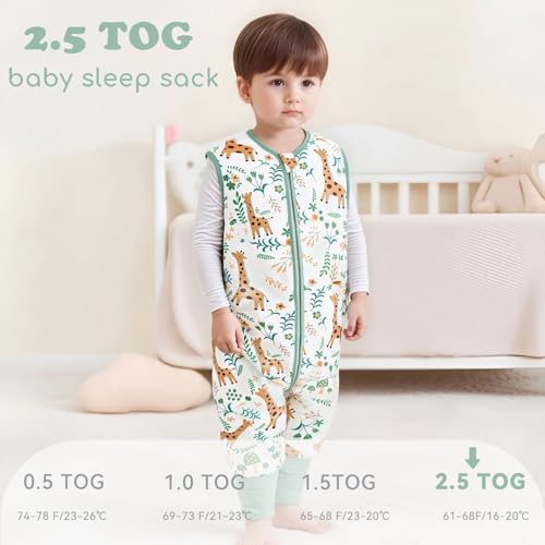 Image of Chilsuessy Toddler Sleep Sack with Feet 2-3 T, 2.5 TOG Cotton Baby Wearable Blanket with Legs, Winter Sleep Bag Walker with 2-Way Zipper, Green + Giraffe