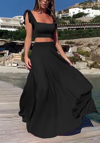 Vakkest Womens Summer Sexy 2 Pieces Outfits Ruffle Floral Tank Top Wrap Boho Tropical Long Skirt Set Clubwear Dresses2