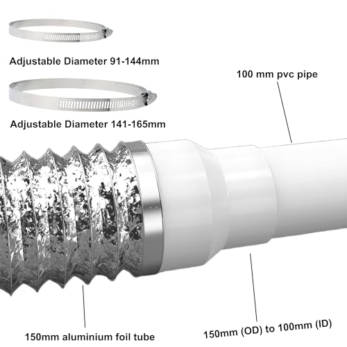 Reduzierstück 150 auf 100, Abluftschlauch Adapter Lüftungsrohr 150mm auf 100mm mit 2 Edelstahl Schlauchschellen, Rundrohr Lüftungsschlauch für Lüftungssystem Lüftung Rundrohr Lüftungskanal