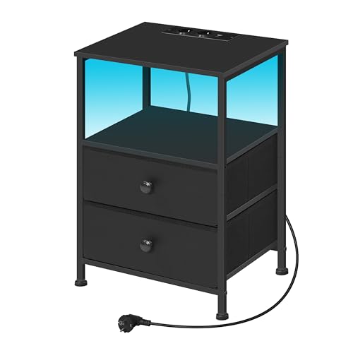 WOLTU Mesita Noche con Enchufes, Mesa Auxiliar Luz LED, 2 Cajones de Tela y Estantes Abiertos, Mesilla de Noche Negra, para Salón, Dormitorio y Oficina, Metal + MDF, NTS27sz