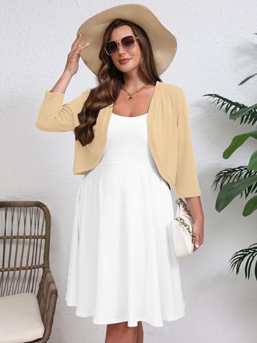 AusLook Plus Size Women Bolero Shrugs 3/4 Sleeve Khaki Heather 3X Open Front Knit Lightweight Coat Cropped Tops Shawls and Wraps Cardigan Dressy Sweater Clothes — view 5