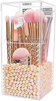 Dolovemk Makeup Brush Holder Organizer with Lid, Acrylic Clear Organizers Storager Dustproof Box - Acrylic Makeup Brush Organizer with White Pearls