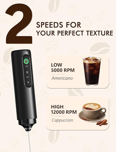 Image of Rechargeable Milk Frother Hanheld 2 Speed, Frother Wand Drink Mixer Handheld Coffee Stirrers Electric Frother for Coffee Mixer Wand -Black