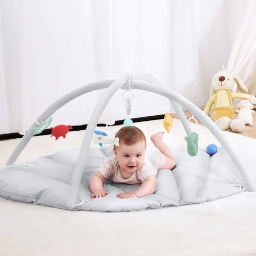 Image of ANGELBLISS Baby Play Gym Mat, Reversible Tummy Time Mat with 6 Sensory Toys for Stage-Based Developmental, Thick & Large Baby Activity Center from Newborn to Toddler (Grey)