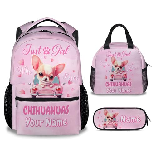UNIKITTY Girls Backpack with Lunch Box - Custom Backpack for School - Personalized Chihuahua Schoolbag with Pencil Case - 17 Inch Girls Bookbag for Kindergarten Elementary