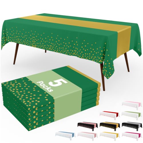 Image of Smiry Plastic Table Cloth Disposable 5 Pack, 54 x 108 Inch Rectangle Waterproof Tablecloth, Printed Gold Table Runner Style for Birthday Weeding, Party Decorations, Sturdy, Christmas Green and Gold