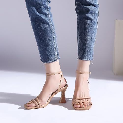 Image of Goderci Women's Kitten Strappy Mid heels Square Open Toe Ankle Strap Heeled Sandals