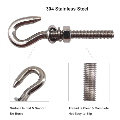 Image of 304 Stainless Steel Long Shank Hook Bolts Threaded Rod Round Hooks Eyelet Bolts Screw with Washer and Nut M5 6Pcs & M6 6Pcs