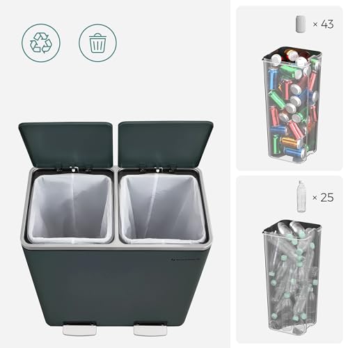 SONGMICS Trash Can, 2 x 8 Gallon (2 x 30 L) Garbage Can for Kitchen, with 15 Trash Bags, 2 Compartments, Plastic Inner Buckets and Hinged Lids, Airtight, Greenish-Gray ULTB60GS02