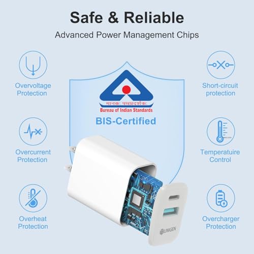 UNIGEN 30W Fast Type C Wall Charger, Power Delivery & Mach USB Charger Fast Charging Compatible with iPhone, iPad, Samsung Galaxy, Note, Redmi, Mi, Oppo, Smartphones BIS Certified-White - Image 4