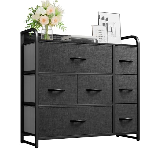 YITAHOME Fabric Dresser with 7 Drawers - Storage Tower with Large Capacity, Organizer Unit for Living Room - Sturdy Steel Frame, Easy Pull Fabric Bins & Wooden Top (Black/Grey) Black Grey