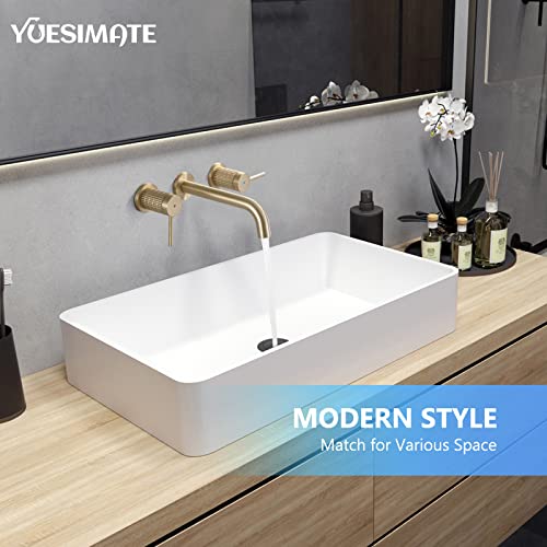Yuesimate Wall Mount Faucet Brushed Gold All Solid Brass Material Bathroom Sink Faucet Modern Bathroom Faucet With 2 Brass Knurled Handles And Rough In Valve Included #TOP2