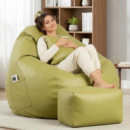 Image of KAM'S LIEU 5XL Luxury Faux Leather Bean Bag with Footrest & Cushion | Pre-Filled High-Density Polystyrene Beans | Premium Leatherette | 6 Months Warranty Color- (Olive Green, with Footrest)