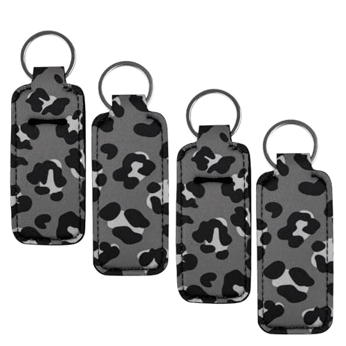 BKBKAAK 4 llaveros de moda para bálsamo labial para lápiz labial, soporte de mangas de bálsamo labial de tela elástica, color gris con estampado de leopardo o brillo de labios para mujeres,