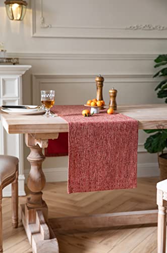 Image of ZeeMart Burlap Style Farmhouse Table Runners 72 Inches Long, Red Rustic Woven Dining Table Runner for Everyday Use, 14x72 Inches, Red