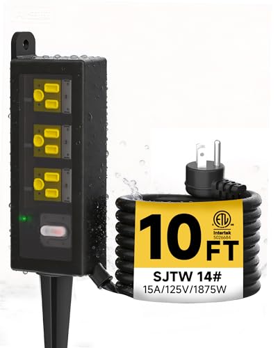 Image of Outdoor Extension Cord, 3 Wide Outlets, 1875W /15A, 10FT 14AWG Heavy Duty SJTW Power Strip with Surge Protector, All-Weather & IP66 Fully Waterproof, Ideal for Patio, Garden, Pool, RV, Black