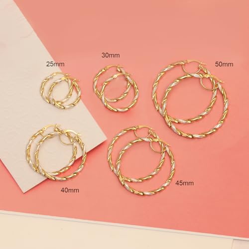 LeCalla Real 925 Sterling Silver Textured Two-Tone Three-Tone 14K Gold Plated Lightweight Italian Design Hoop Earrings for Women Diameter 25,30,40,45,50mm3