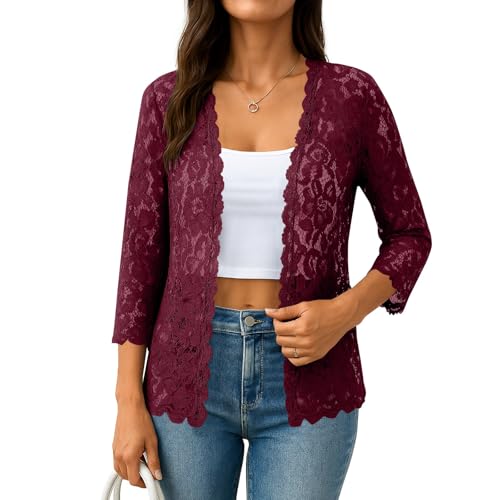 Womens Cardigans 3/4 Length Sleeve Lightweight Lace Open Front Cardigan Fall Casual Loose Fashion Tops Outifits2