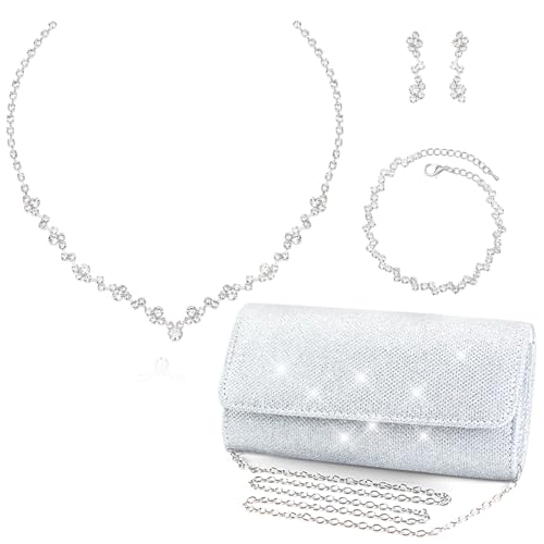 Aixiao 4 Pcs Elegant Silver Choker Necklace Earrings Bracelet Clutch Purse Jewelry Set Wedding Prom Evening Handbag Accessories for Women Bride Bridesmaids