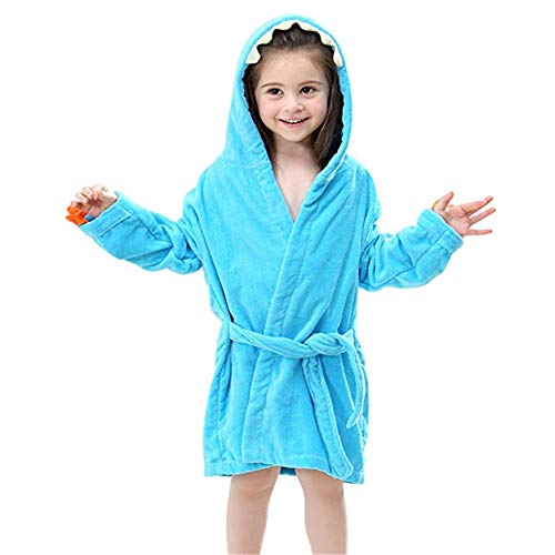 BAOPTEIL Toddler Cotton Bathrobe Baby Boy Girl Dinosaur Hooded Bath Towel Robe for Kids (Blue, 3-5T/(Length-23.6