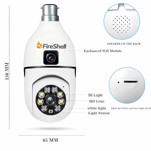 Image of Fireshell Dual Lens 4MP /8MP PTZ Outdoor WiFi Security Camera with 360 Pan Tilt, Color Night Vision, Motion Detection Alerts, Two-Way Audio, Wireless Light Bulb CCTV, Weatherproof Surveillance Camera