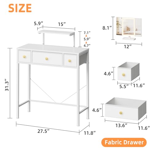 Image of HIGDBFE Small Makeup Vanity Desk 27.5''W with Mirror and Lights, Vanity Desk with 3 Fabric Drawers and Height-Adjustable Stand, Vanity Table for Girls Gifts, Bedroom and Small Spaces, White