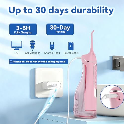 Image of Cordless Portable Water Flosser with 300ML Tank: Rechargeable Oral Irrigator with 5 Tips for Travel, Braces Care and Sensitive Gums, IPX7 Waterproof Teeth Cleaning Device(Pink)