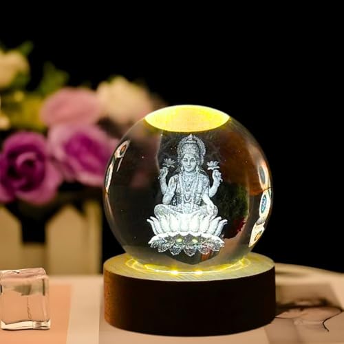 Desidiya Goddess Laxmi Ji Crystal Ball Night Light 2.4 Inch Glass Ball Night LED Lamp with Woodern Base Perfect for Gift | Corded Electric Table Night Light