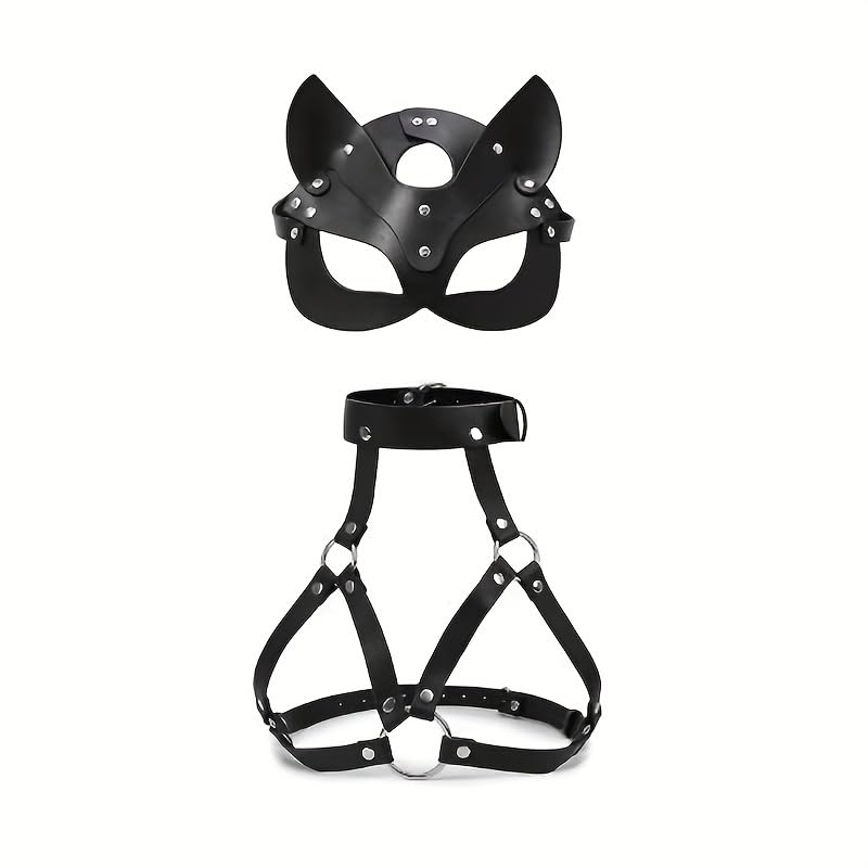 Harnais de contention en cuir punk et son masque de chat aux finitions métal