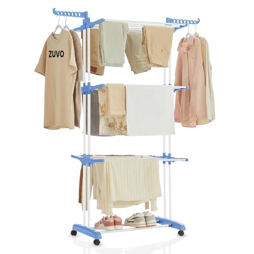 Zuvo Clothes Drying Rack 4 Tier - Blue Foldable Clothes Airer - Heavy Duty Stainless Steel - Perfect Indoor & Outdoor Clothes Drying Rack