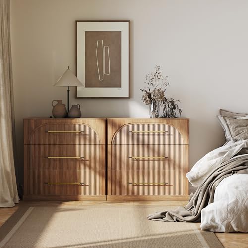 Image of BELLEZE Set of 2 Fluted Modular Sideboard Cabinet, Classic Modern Buffet Cabinet with 3 Drawers, 65'' Accent Credenza Cabinet for Living Room Kitchen Entryway (Camel)