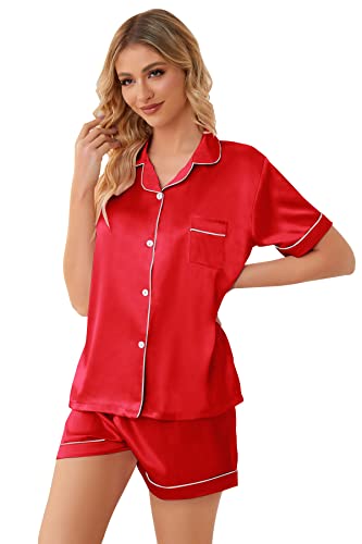 Image of Schbbbta Girls Womens Pajamas, Satin Silky Pjs Set Kids 2Pcs Button-Down Nightwear Sleepwear Gift for Mommy and me