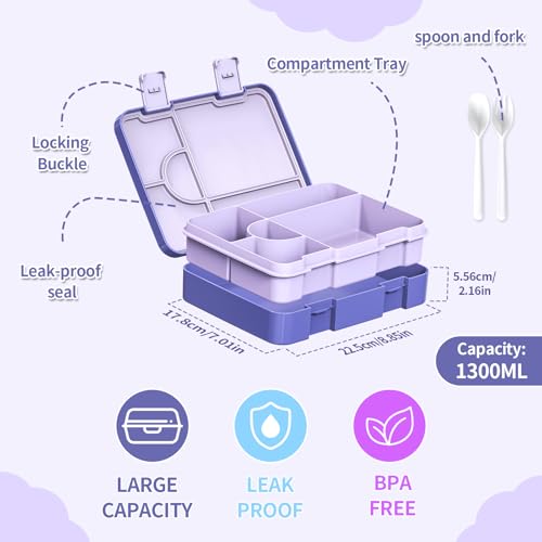 Image of Bento Lunch Box for Kids, Leak-Proof 5-Compartment Cute Lunchbox for Boys Girls, Drop-Proof, Food Container Microwave & Dishwasher Safe, Back to School Supplies for Ages 3 to 7, Purple /Unicorn