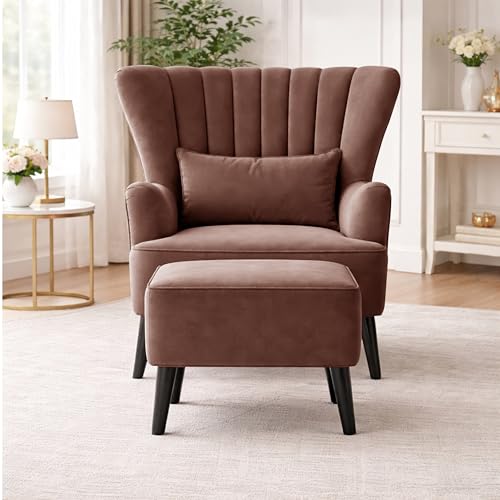 Image of Modern Velvet Wingback Accent Chair with Ottoman & Cushion for Living Room | Premium Upholstered Lounge Chair with Footrest |Brown