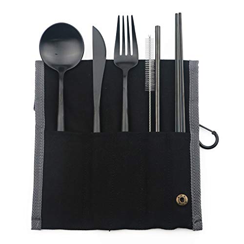 Portable-6-Pieces-Flatware-Set-304-Stainless-Steel-Knife-Fork-Spoon-Chopsticks-Metal-Straw-Cleaning-Brush-Durable-Travel-Cutlery-Set-Black-Pouch-Bag-Black