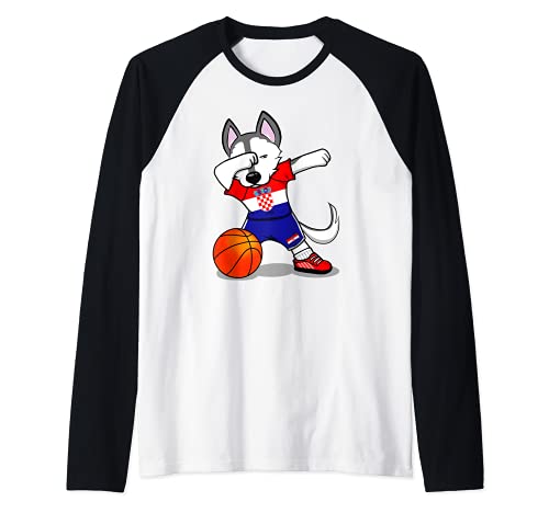 Dabbing Husky Croatia Basketball Fans Jersey Croatian Flag Raglan Baseball Tee, Black