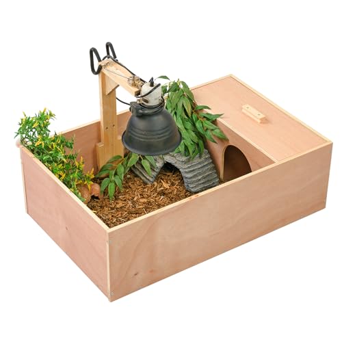 KCT Small Wooden Tortoise Table Reptile Vivarium Cage Hide with Open Run and Lamp Arm