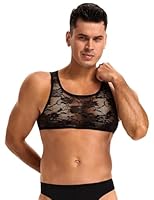 ohmydear Herren Unterhemden Spitze Tank Tops Netzshirt Ärmelloses Netzhemd Transparent Crop Top Bauchfrei Sexy Sissy Dessous Männer Netzoberteil Unterwäsche für Nachtclubs, Partys Schwarz M