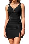 SHEKINI Women's Tankini Swimsuits with Skirt V Neck Top Tummy Control Skirted Bikini Bottom High Waisted Swimwear, Black, Medium