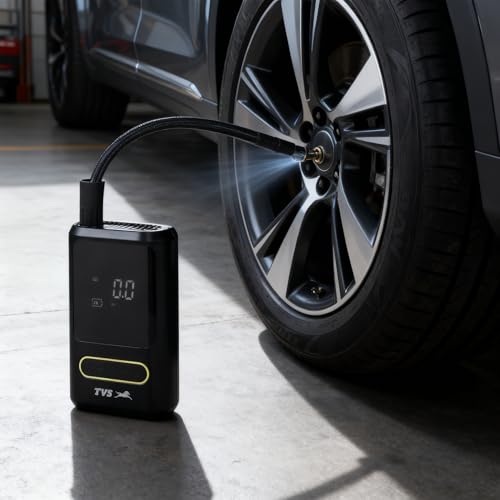 Image of TVS Portable Tyre Air Inflator 150 PSI - Digital Meter, LED Light, Multi-Nozzle, Multi-Mode, Rechargeable 2000 * 2 mAh Battery Air Pump for Car and Bike