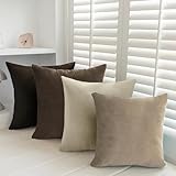 Softaker 18x18 Velvet Pillow Covers Set of 4, Soft Solid Colors Throw Pillow Covers, Square Decorative Cushion Pillow Case for Couch Sofa Bedroom Living Room (No Inserts), Brown/Grey