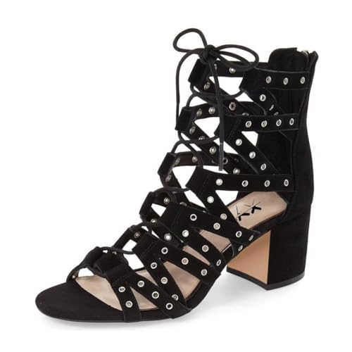 XYD Women Gladiator Caged Block Heel Sandals Open Toe Grommets Straps Cutout Back Zipper Dress Pumps Shoes